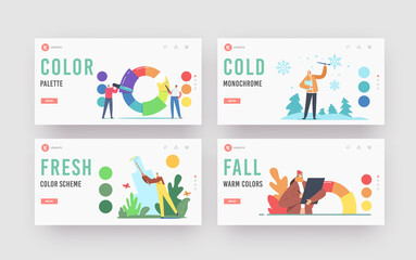 Obraz na płótnie Canvas Characters Working with Color Palette Wheel Landing Page Template Set. Professional Designers Choose Colours and Tints