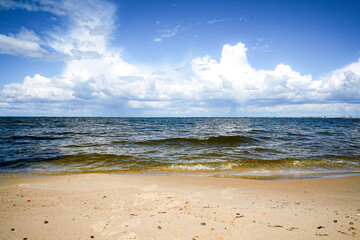 Beach on the shore of a reservoir.