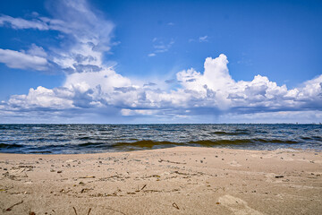 Beach on the shore of a reservoir.