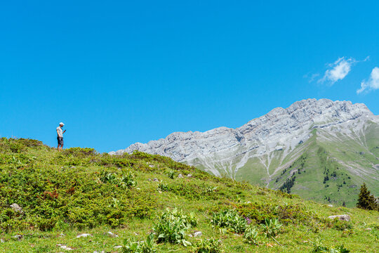 Mid adult man using mobile phone while standing over grass at at Col des Aravis mountain, Haute-Savoie against sky, France