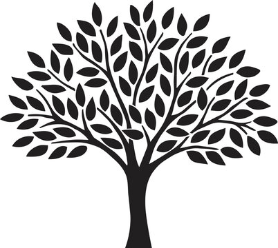 Simple abstract tree with leaves black silhouette illustration isolated on white background