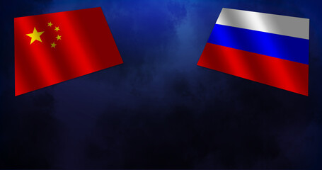 The Russian flag and the Chinese flag on a dark blue background