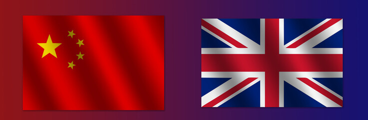 The red Chinese flag and the United Kingdom Union Jack flag on a blue background