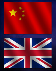 The red Chinese flag and the United Kingdom Union Jack flag on a blue background