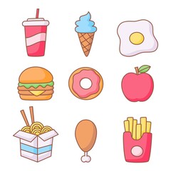 fast food icons set cartoon style isolated on white background. illustration vector.