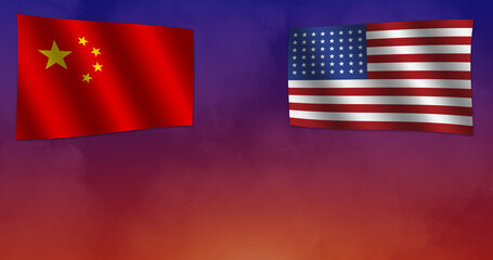 The red Chinese flag and the American Stars and Stripes flag on a red and blue background