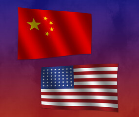 The red Chinese flag and the American Stars and Stripes flag on a red and blue background