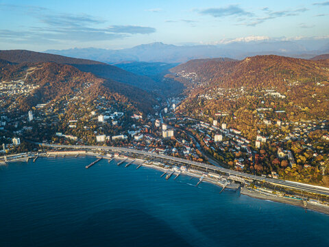 Russia, Krasnodar Krai, Sochi, Aerial view of Khosta district in autumn