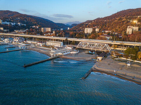 Russia, Krasnodar Krai, Sochi, Aerial view of elevated highway stretching along coast of&not;&dagger;Khosta&not;&dagger;district