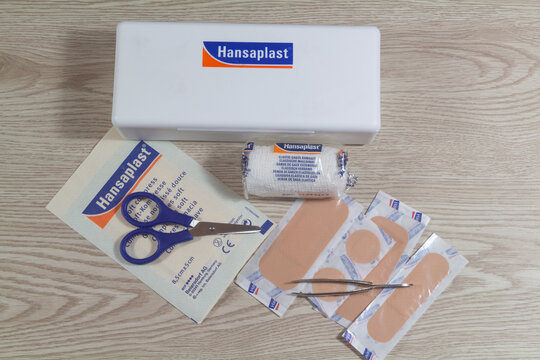 Primelin &ndash; France, November 16, 2020 : Hansaplast first aid kit with adhesive dressing and bandage