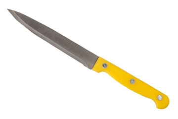 A 6-inch kitchen stainless knife with plastic yellow handle isolated on a white background