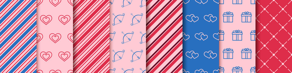 Valentine's day seamless eight patterns collection. Festive wrapping paper. Wrapping paper design templates. Set of patterns with hearts, gift boxes, polka dot, envelopes and abstract ornament.