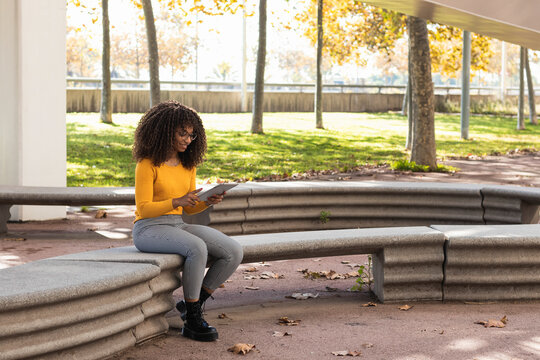 Afro woman using digital tablet while sitting on stone bench in public park