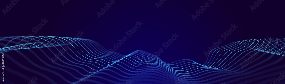 Poster Technological wave of points. Digital background. Great data visualization.. 3D rendering.