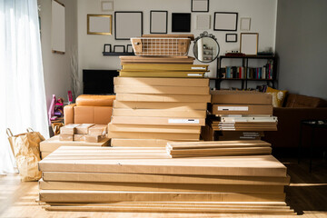 Waste cardboard boxes stack in living room