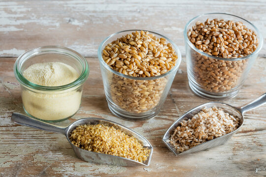 Wheat in form of flour, grains and flakes