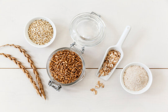 Wheat in form of flour, grains and flakes