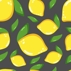Trendy seamless pattern with lemon. Pantone 2021 yellow and grey colors. Vector for cards, banners, wrapping paper, posters, scrapbooking, pillow, cups and kitchen fabric design. 