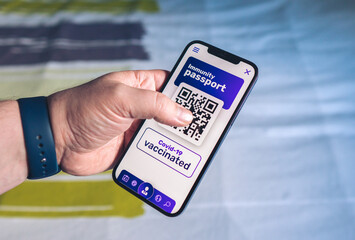 Vaccination passport on a mobile phone allowing movement and travel - Vaccination against the coronavirus Covid 19 - Imunity passport - Health passport