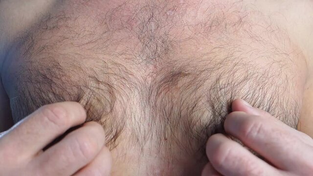The man strokes his chest hair. The man strokes the hair on his chest. Gray hair is visible on the chest.