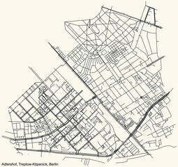 Black simple detailed city street roads map plan on vintage beige background of the neighbourhood Adlershof locality of the Treptow-Köpenick of borough of Berlin, Germany