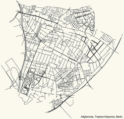 Black simple detailed city street roads map plan on vintage beige background of the neighbourhood Altglienicke locality of the Treptow-Köpenick of borough of Berlin, Germany