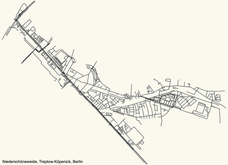 Black simple detailed city street roads map plan on vintage beige background of the neighbourhood Niederschöneweide locality of the Treptow-Köpenick of borough of Berlin, Germany