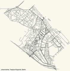Black simple detailed city street roads map plan on vintage beige background of the neighbourhood Johannisthal locality of the Treptow-Köpenick of borough of Berlin, Germany