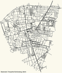 Black simple detailed city street roads map plan on vintage beige background of the neighbourhood Mariendorf locality of the Tempelhof-Schöneberg of borough of Berlin, Germany