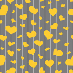 Yellow Hearts Seamless Pattern for Valentine's Day Gray background white stripe romantic collection, textiles and fabric, print, wrapping, etc. Trending colors. Vector illustration.