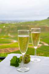 Tasting of french sparkling white wine with bubbles champagne on outdoor terrace with view on grand cru Champagne vineyards in Cramant, near Epernay, France