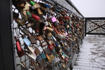 Former bridge on the Vistula Torun. Padlock of lovers, Valentine's Day, lovers.
