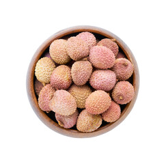 Fresh organic lychee fruit in a bamboo bowl isolated over white background with clipping path