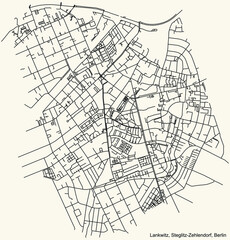 Black simple detailed city street roads map plan on vintage beige background of the neighbourhood Lankwitz locality of the Steglitz-Zehlendorf of borough of Berlin, Germany