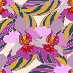 Seamless pattern of striped colored leaves and orchids Vanda Miss Joaquim. Template for printing on textiles, fabric, bedding, wrapping paper, covers, wallpaper, coloring pages. 