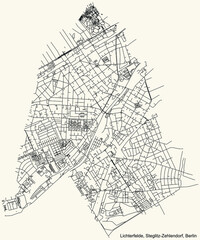 Obraz premium Black simple detailed city street roads map plan on vintage beige background of the neighbourhood Lichterfelde locality of the Steglitz-Zehlendorf of borough of Berlin, Germany