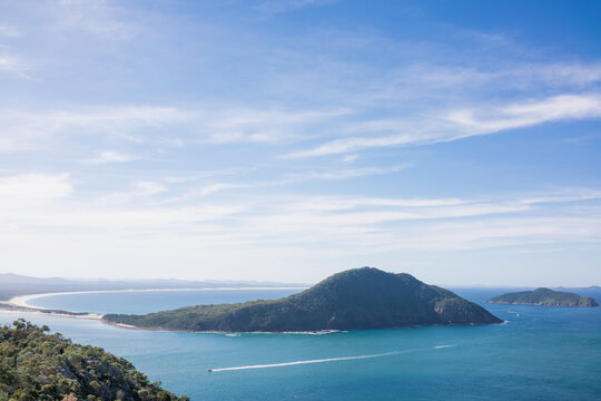 Views over islands and beaches around Port Stephens on the NSW Mid North Coast