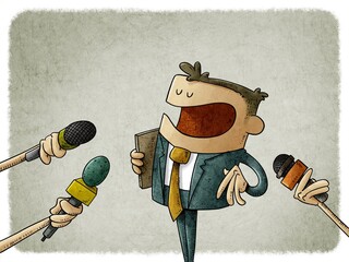man in suit is answering the press who asks him with microphones in hand. concept of statements to journalists. - 408398193