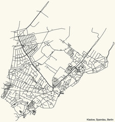 Black simple detailed city street roads map plan on vintage beige background of the neighbourhood Kladow locality of the Spandau of borough of Berlin, Germany