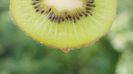 Close-up shot of a drop of juice flowing from a kiwi wedge on a green background. Freshness, fruit and vitamin concepts. - Powered by Adobe