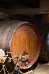 Old wine casks on wine domain in Cotes de Provence near Collobrieres , region Provence, south of...