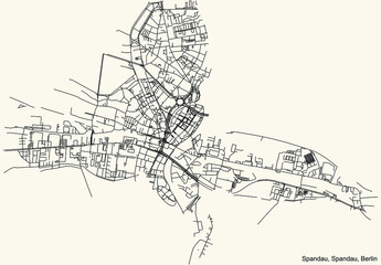 Black simple detailed city street roads map plan on vintage beige background of the neighbourhood Spandau locality of the Spandau of borough of Berlin, Germany