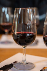 Professional tasting of different fortified dessert ruby, tawny port wines in glasses in porto cellars in Vila Nova de Gaia, Portugal