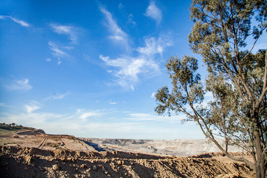 View of sunlit mining landscape open cut mine