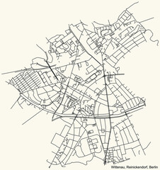 Black simple detailed city street roads map plan on vintage beige background of the neighbourhood Wittenau locality of the Reinickendorf of borough of Berlin, Germany