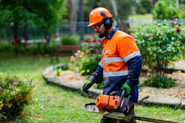 Tradie workman with chainsaw in garden