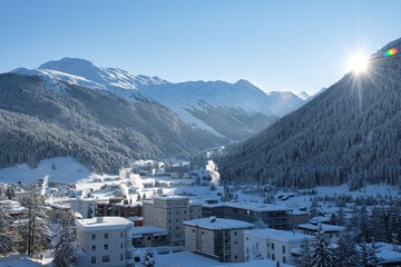 Beautiful sunrise after heavy snowfall in the Swiss Mountains Alps at Davos