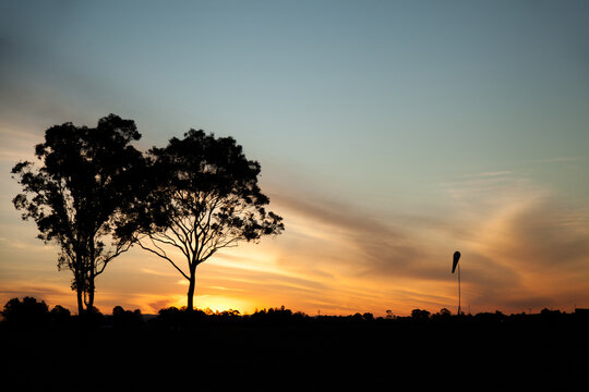 Silhouetted trees and wind sock at small rural airstrip