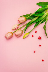 Gentle bouquet of tulips and red hearts isolated on light pink background