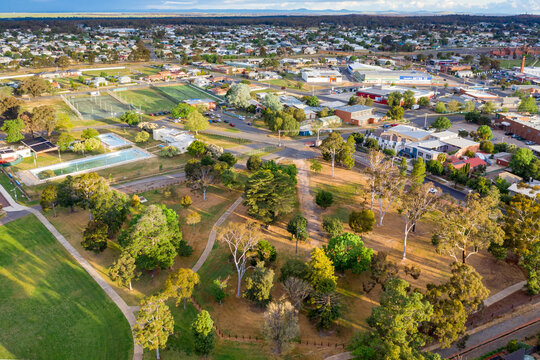 Aerial view of parkland and recreation precinct of a country town